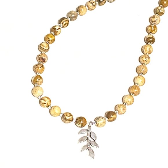 Jasper Stone Silver Leaf Branch Necklace, Genuine Gemstone Beaded Necklace - Picture 5 of 9